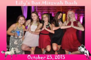 Photo magnet featuring four young girls at a Bat Mitzvah