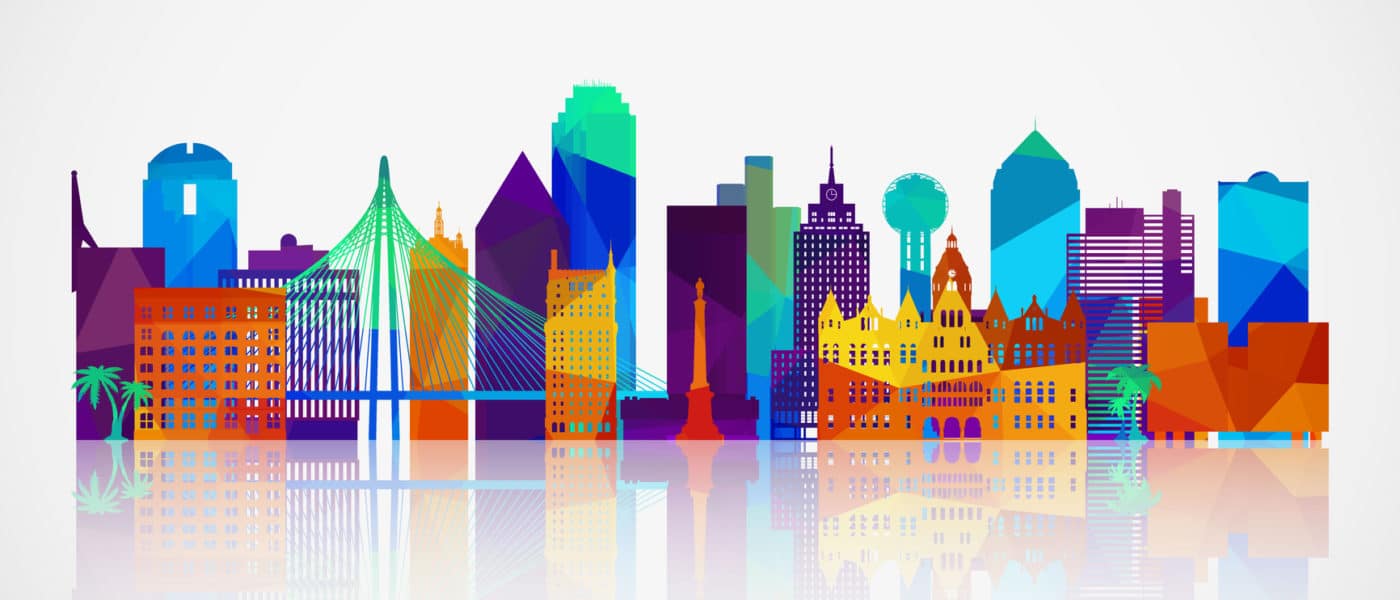 Dallas skyline silhouette in colorful geometric style.