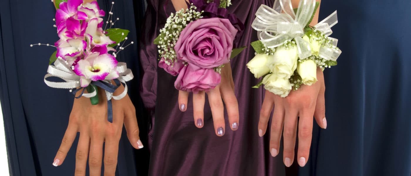 Three girls in prom dresses showing off their corsages.